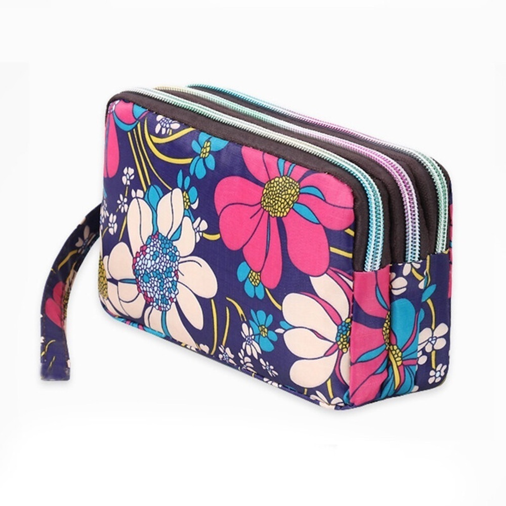 Women Floral Print Cloth Wristlet Bag Coin Purse 3 Zipper Wallet Cell Phone